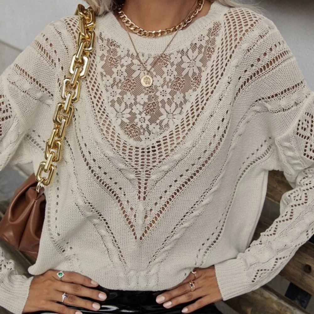 Cozy Floral Lace Mesh Knit Oversized Sweater Top - Picture 5 of 14